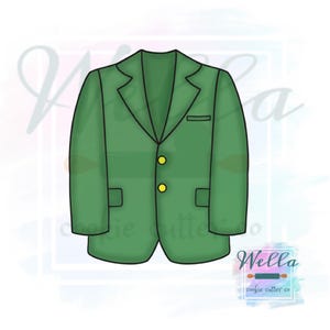May include: A green blazer cookie cutter with black outlines, two yellow buttons, and two pockets. The cookie cutter is a simple, two-dimensional design. The image includes the text "Wella cookie cutter co."