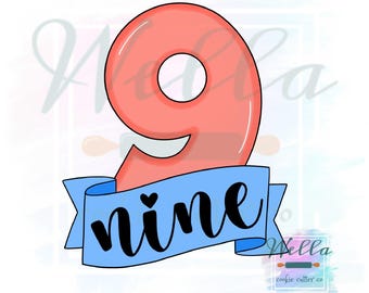 Number Nine with Banner Cookie Cutter, Number 9 Cookie Cutter, Number 9 with Banner Cookie Cutter, #9 Cookie Cutter