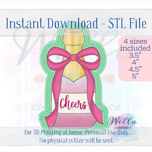 Digital STL File - Champagne Bottle with Long Bow Cookie Cutter - 4 Sizes Included: 3.5", 4", 4.5" & 5"