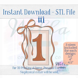 May include: A digital download of an STL file for a 3D printable cookie cutter shaped like the number one with a bow on top. The cutter is available in three sizes: 3.5 inches, 4 inches, and 4.5 inches.