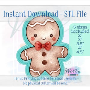 Digital STL File - Cute Gingerbread Cookie Cutter - 5 Sizes Included 2&quot; Mini, 3&quot;, 3.5&quot;, 4&quot; & 4.5&quot;