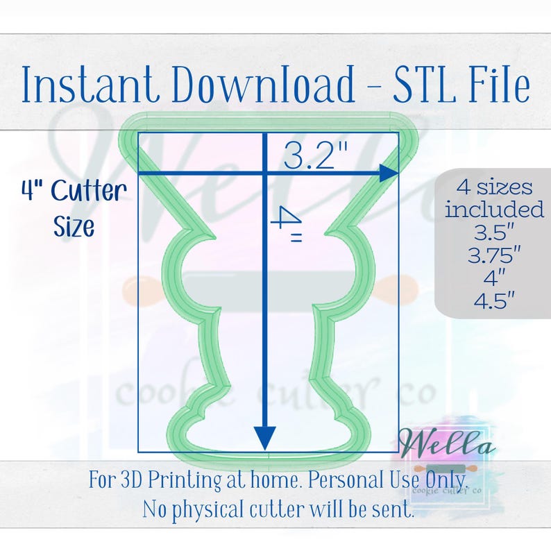 Digital STL File - Expresso Martini with Long Bow Cookie Cutter - 4 Sizes: 3.5" 3.75" 4" 4.5" image 4