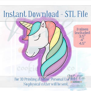 デジタル STL ファイル - ユニコーンヘッド クッキーカッター - 3.5 インチ、4 インチ、4.5 インチの 3 つのサイズが含まれています