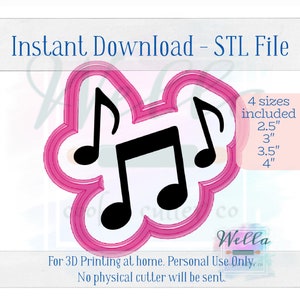 Digital STL File - Music Notes Cookie Cutter - 4 Sizes: 2.5&quot;, 3&quot;, 3.5&quot;, & 4&quot; - PNG Included