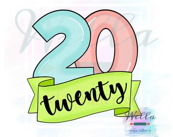 Number 20 with Banner Cookie Cutter, Number Twenty Cookie Cutter, Number 20 with Banner Cookie Cutter, #20 Cookie Cutter