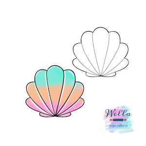 May include: Two seashell cookie cutters. One is a black outline, the other is a colorful seashell with pink, orange, and teal gradients. The image includes the text "Wella cookie cutter co" in a watercolor-style design.