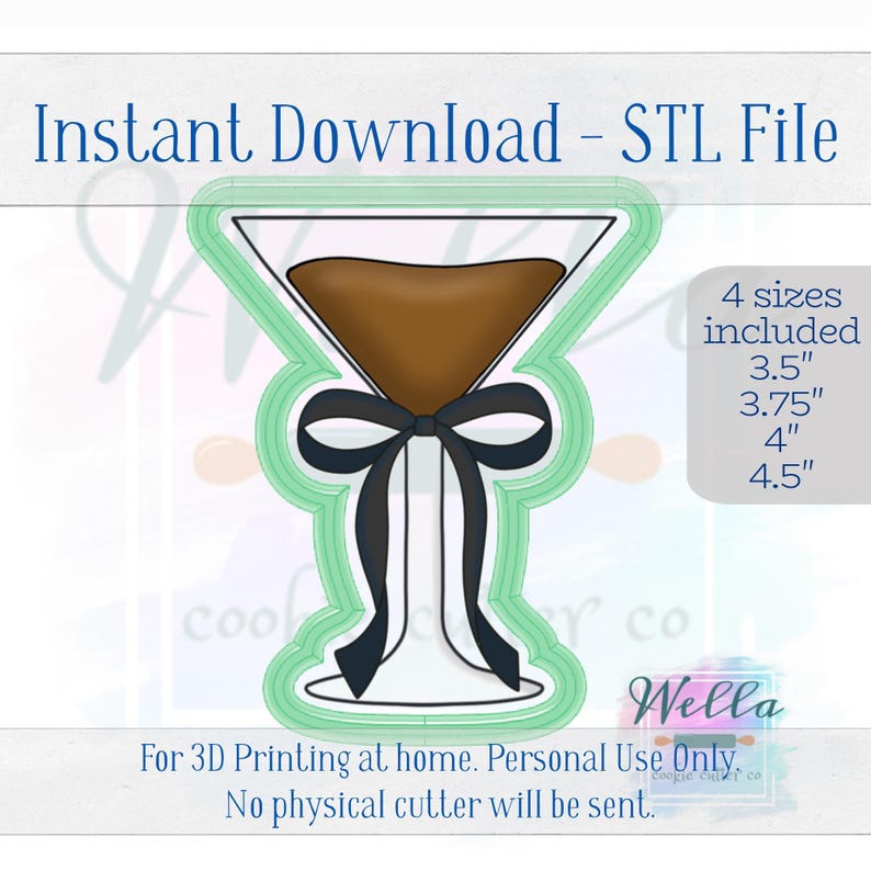 Digital STL File - Expresso Martini with Long Bow Cookie Cutter - 4 Sizes: 3.5" 3.75" 4" 4.5" image 1