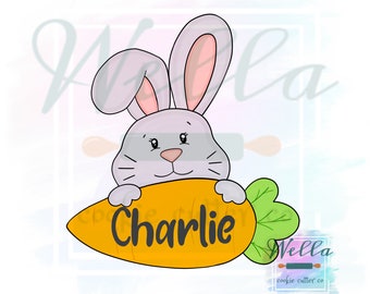 Bunny Holding Carrot Name Plaque Cookie Cutter with Optional Stencil Guide, Easter Cookie Cutter