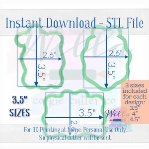 May include: Three digital cookie cutter designs in green with a white outline. The designs are in three sizes: 3.5 inches, 4 inches, and 4.5 inches. The text "Instant Download - STL File" is at the top of the image. The text "For 3D Printing at home. Personal Use Only. No physical cutter will be sent." is at the bottom of the image.