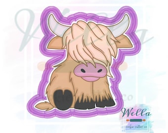 Highland Cow Sitting Cookie Cutter with Optional Stencil Guide, Cow Cookie Cutter