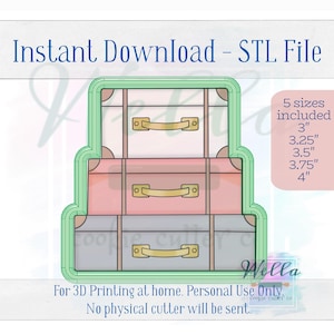 May include: A digital download of an STL file for 3D printing a stack of three vintage suitcases. The suitcases are in shades of pink, white, and gray with gold accents. The file includes five sizes: 3 inches, 3.25 inches, 3.5 inches, 3.75 inches, and 4 inches.