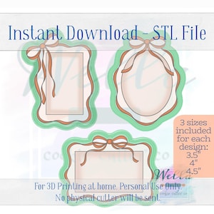 May include: Three digital 3D printable cookie cutter designs with a bow and ribbon detail. The designs are available in three sizes: 3.5 inches, 4 inches, and 4.5 inches.  Instant download - STL file. For 3D printing at home. Personal use only. No physical cutter will be sent.