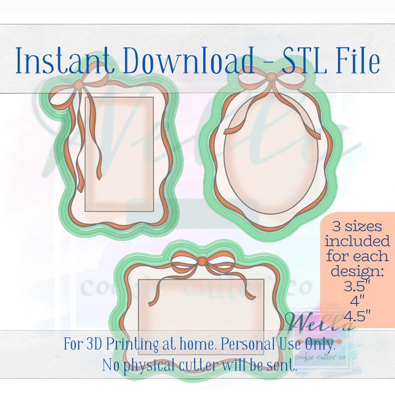 May include: Three digital 3D printable cookie cutter designs with a bow and ribbon detail. The designs are available in three sizes: 3.5 inches, 4 inches, and 4.5 inches.  Instant download - STL file. For 3D printing at home. Personal use only. No physical cutter will be sent.