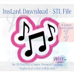 Digital STL File - Music Notes Cookie Cutter - 4 Sizes: 2.5", 3", 3.5", & 4" - PNG Included