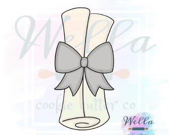 Diploma with Bow Cookie Cutter with Optional Stencil, Graduation Scroll Cookie Cutter