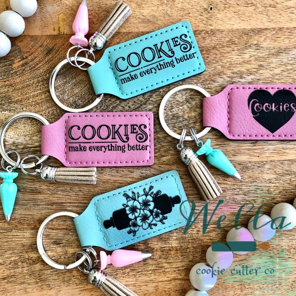 Leather Engraved Cookie Themed Keychain with Piping Bag Charm, Baking Keychain, Cookie Decorating Keychain