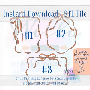 May include: Three digital cookie cutter designs with a bow theme. The designs are numbered 1, 2, and 3. Each design includes three sizes: 3.5 inches, 4 inches, and 4.5 inches. Instant download - STL file. For 3D printing at home. Personal use only. No physical cutter will be sent.