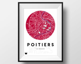 Cartel/Cartel de la ciudad de Poitiers, Mapa de Poitiers, Mapa de la ciudad A3 o A4