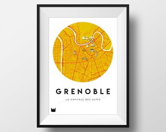 Poster/Affiche de la ville de Grenoble, Carte de Grenoble, City map A3 ou A4