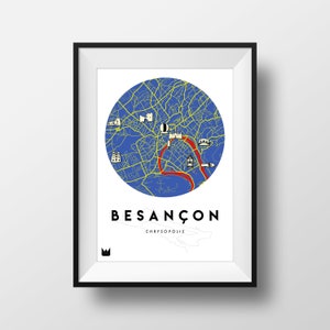 Poster/Affiche de la ville de Besançon, Carte de Besançon, City map A3 ou A4