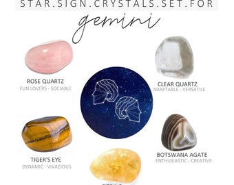 GEMINI Zodiac Crystals Set | Stones for Gemini | Zodiac Crystal Set | Star Sign pouch stones | Wellness Set |  Zodiac Crystal Gift