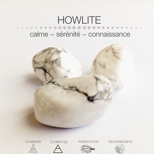 Puede incluir: Tres piedras de Howlita blancas con vetas negras. Las piedras son lisas y pulidas. El texto "HOWLITE" está en la parte superior de la imagen. El texto "calme ~ sérénité ~ connaissance" está debajo de la palabra "HOWLITE". El texto "CHAKRA(S)", "ELEMENT(S)", "PURIFICATION" y "RECHARGEMENT" están en la parte inferior de la imagen. Cada palabra tiene un símbolo al lado.