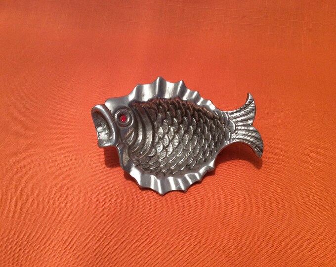 Quirky Metal Ashtray in the Shape of a Fish With a Red Glass Eye, Fish Shaped Trinket Dish