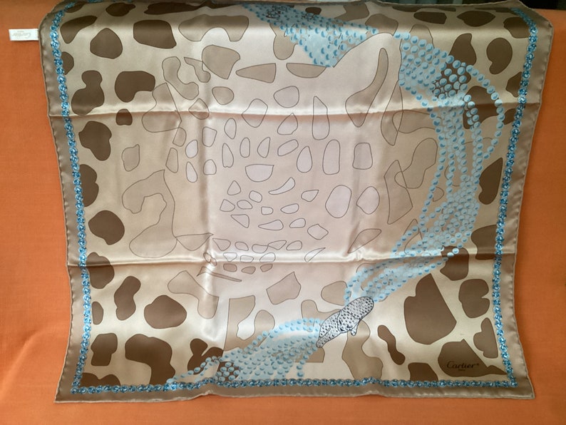 Cartier silk scarf in the 1990s Panthère design, unworn in original box & packaging, vintage Cartier 100% silk scarf (66cm x 66cm) image 4