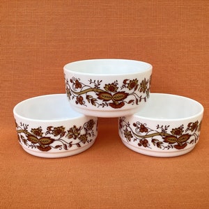 Arcopal Brown Onion kleine dessertschalen (set van 3), Arcopal dessertschalen, retro Arcopal Brown Vine serveerschalen, Arcopal melkglas jaren 70