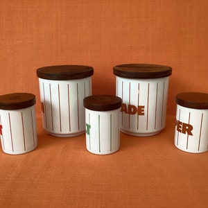 1980s Hornsea Brown Stripe Jam and Marmalade jars sold separately, Hornsea Stripe Salt and Pepper pots, Hornsea Green Stripe, Red Stripe image 2