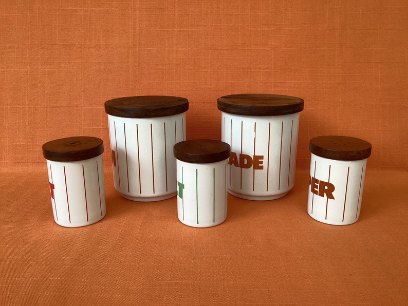 1980s Hornsea Brown Stripe Jam and Marmalade jars sold separately, Hornsea Stripe Salt and Pepper pots, Hornsea Green Stripe, Red Stripe image 2