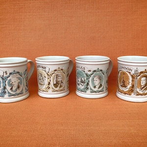 Collectable 1970s Denby Regions and Counties mugs, Denby Scotland mug, Denby Wales mug, Denby London mug, Denby South East mug, retro Denby