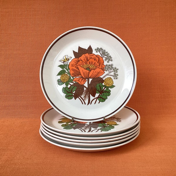 1970s St Michael Poppies tea plates (set of 6), retro Marks & Spencer Poppies side plates, 1970s orange poppy plates, flower power