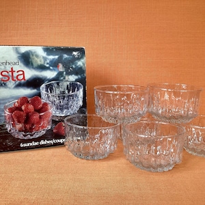 Boxed set of 6 Ravenhead Vista textured glass sundae dishes, 1970s/80s Ravenhead glassware, Ravenhead Vista sundae dishes, retro glass bowls