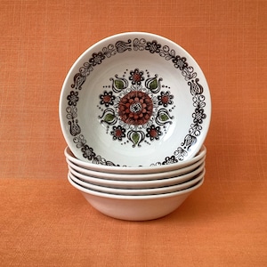 Broadhurst Kathie Winkle ‘Romany’ dessert bowls (set of 6), Grade 1 condition, 1975 Kathie Winkle Romany soup/cereal bowls, retro bowls