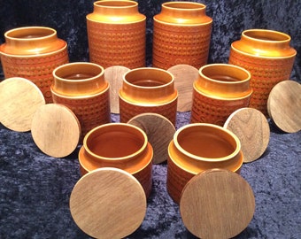 1970s Hornsea Saffron storage jars (sold separately): large 8”, medium 6”, small 4”, Biscuit barrel, Flour jar, Coffee jar, Tea jar, Sugar