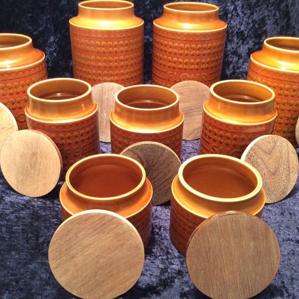 1970s Hornsea Saffron storage jars (sold separately): large 8”, medium 6”, small 4”, Biscuit barrel, Flour jar, Coffee jar, Tea jar, Sugar