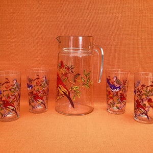 Lovely Arcoroc 5-piece set: 1 large jug + 4 matching tumblers in a colourful bird design, Arcoroc France pitcher and glasses, retro Arcoroc