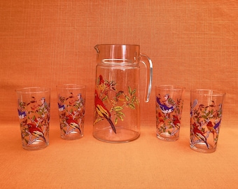 Lovely Arcoroc 5-piece set: 1 large jug + 4 matching tumblers in a colourful bird design, Arcoroc France pitcher and glasses, retro Arcoroc