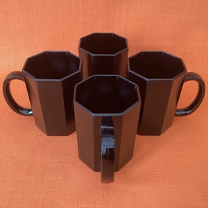 1980s Arcoroc Octime black glass mugs (set of 4), retro black glassware