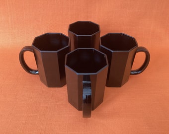 1980s Arcoroc Octime black glass mugs (set of 4), retro black glassware