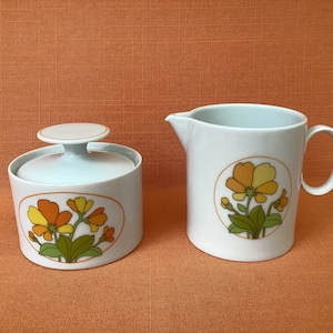 1970s Thomas Germany ‘Summer’ milk jug and sugar bowl set, retro Thomas porcelain Summertime cream jug and lidded sugar bowl, Rosenthal