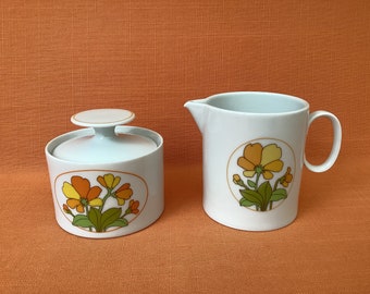 1970s Thomas Germany ‘Summer’ milk jug and sugar bowl set, retro Thomas porcelain Summertime cream jug and lidded sugar bowl, Rosenthal