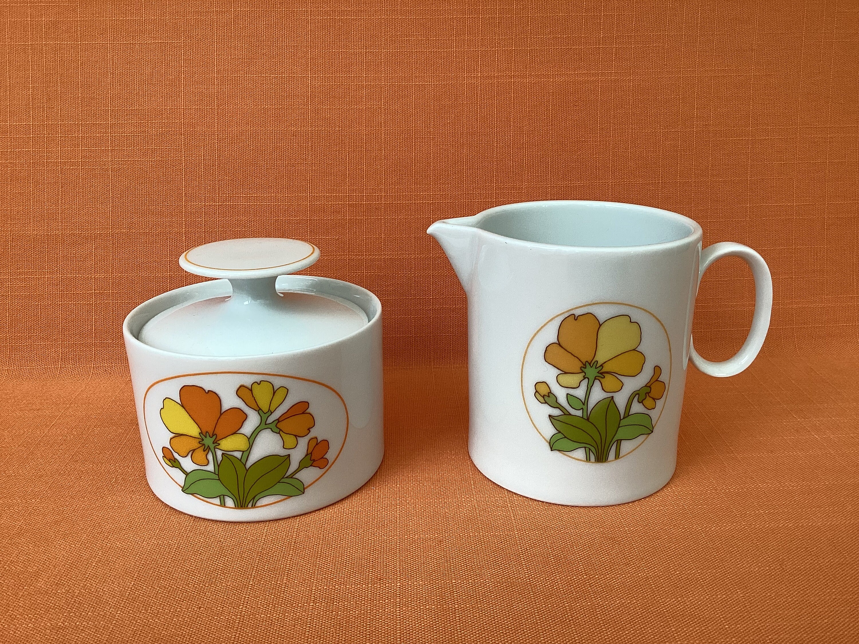 1970s Thomas Germany ‘Summer’ milk jug and sugar bowl set, retro Thomas porcelain Summertime cream jug and lidded sugar bowl, Rosenthal