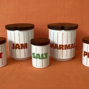 1980s Hornsea Brown Stripe Jam and Marmalade jars sold separately, Hornsea Stripe Salt and Pepper pots, Hornsea Green Stripe, Red Stripe image 1