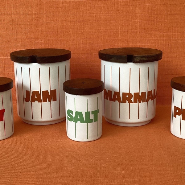 1980s Hornsea Brown Stripe Jam and Marmalade jars (sold separately), Hornsea Stripe Salt and Pepper pots, Hornsea Green Stripe, Red Stripe