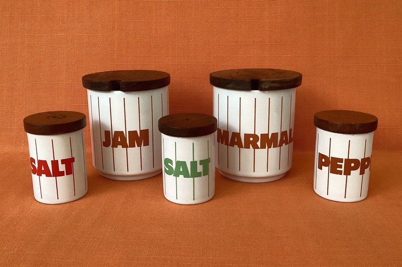 1980s Hornsea Brown Stripe Jam and Marmalade jars sold separately, Hornsea Stripe Salt and Pepper pots, Hornsea Green Stripe, Red Stripe image 1