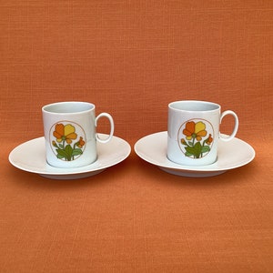1970s Thomas Germany small coffee cups and saucers in the ‘Summer’ design, retro Thomas Summertime espresso cups (125ml), Thomas coffee cans
