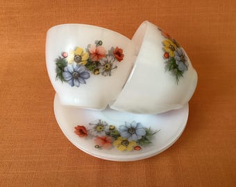 Arcopal Anemone Milk Glass Cups and Saucers - 1970s Floral Pair