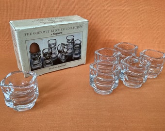 Rayware Gourmet glass egg cups (set of 6) in original box, made in Italy, 1980s Italian glass egg cups, retro stylish chunky glass egg cups